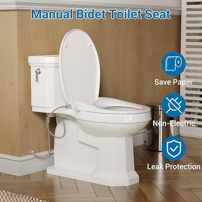 Bidet Toilet Seat for Round Toilet, Non-Electric Cold Water Wash PP Bidet Seat with Self-Cleaning Nozzle, Hygiene Toilet Seat Cover for Women, Easy Installation, White, 17 Inch