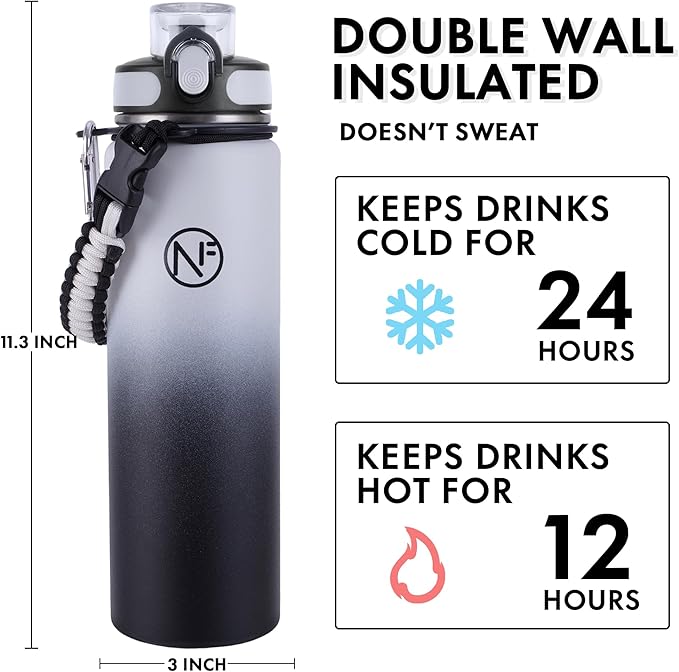 32 oz Insulated Water Bottle With Detachable Straw & Paracord Handle, Stainless Steel Thermos Water Bottle with Leakproof Lockable Lid, BPA-Free Sports Bottle (White Black Gradient)