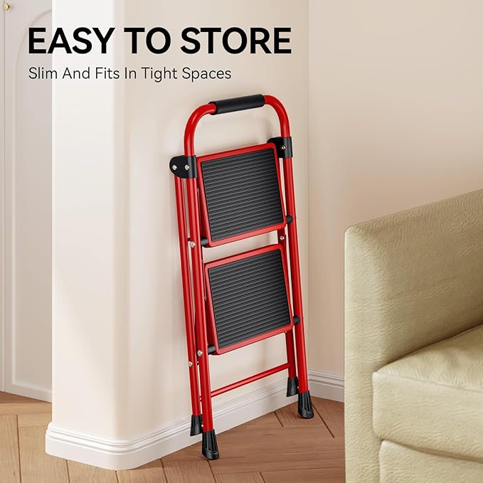 KINGRACK 2 Step Ladder, 2 Step Folding,Kitchen Ladder with Anti-Slip and Wide Pedal,Small Step Ladder with Handrails,Lightweight Portable Step Ladder for Kitchen Household,Red