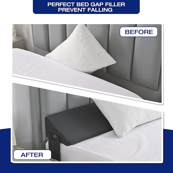 Full Size Bed Wedge Pillow for Headboard/Full Mattress, Bed Wedge Gap Filler Triangle Pillow Plus Long Bed Bolster Pillow for Space Between Bed and Headboard Loft College Dorm Room Essentials Grey