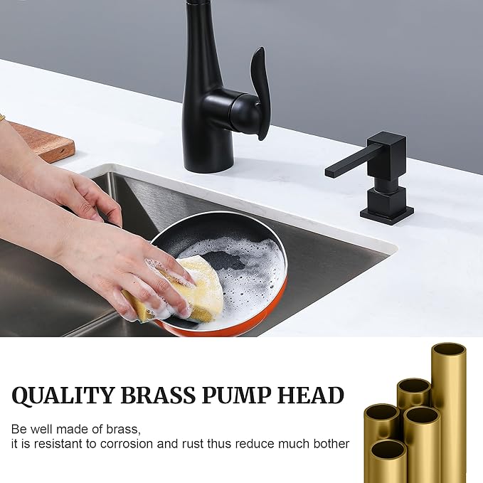 Sink Soap Dispenser for Kitchen Sink (Matte Black), All Brass Built-in and Refill from Top Design,Metal Hand Soap & Dish Soap Copper Pump