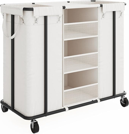 WOWLIVE Laundry Sorter 2 Section 200L Rolling Laundry Hamper with Hanging and Removable Bags Laundry Cart with Steel Frame and Storage Unit Large Basket Organizer for Dorm Room, Bathroom (Beige)