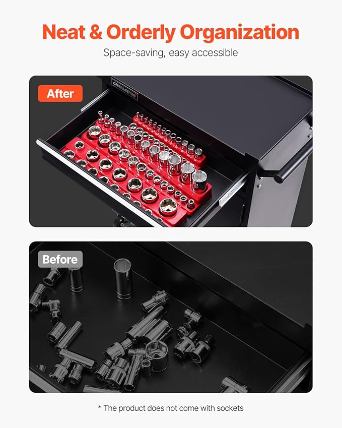VEVOR Magnetic Socket Organizer Set, 3PCS Magnetic Socket Holder, 1/4'', 3/8'' & 1/2'' SAE Socket Trays with Clear Labels, Hold up to 68PCS Standard & Deep Sockets, Red (Sockets Not Included)