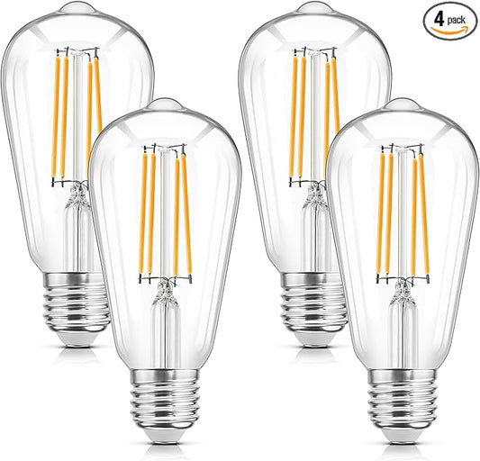 WIHTU LED Filament Light Bulbs, Bright Vintage 6W LED Edison Bulbs, St58 2700K Warm Light Bulbs with CRI 85+, E26 Standard Base, 900LUM, Non-Dimmable, Clear Glass, Pack of 4