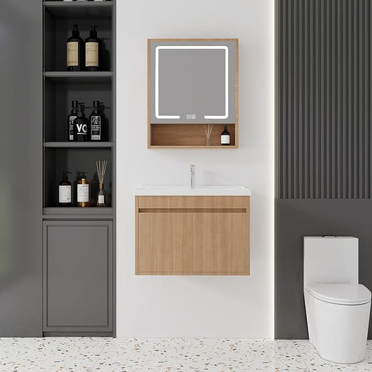 24'' Bathroom Vanity with Ceramic Sink Combo and Medicine Cabinet Mirror with Led Light/Defog, Wall Mounted Small Bathroom Vanity with Soft-Close Door Modern Floating Cabinet, Walnut(No Faucet)