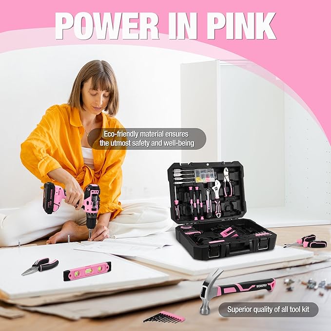 WORKPRO 20V Pink Cordless Drill Driver and Home Tool Set, 141PCS Hand Tool Kit for DIY, Home Maintenance, 2.0 Ah Li-ion Battery, 1 Hour Fast Charger, and Tool Box Included - Pink Ribbon