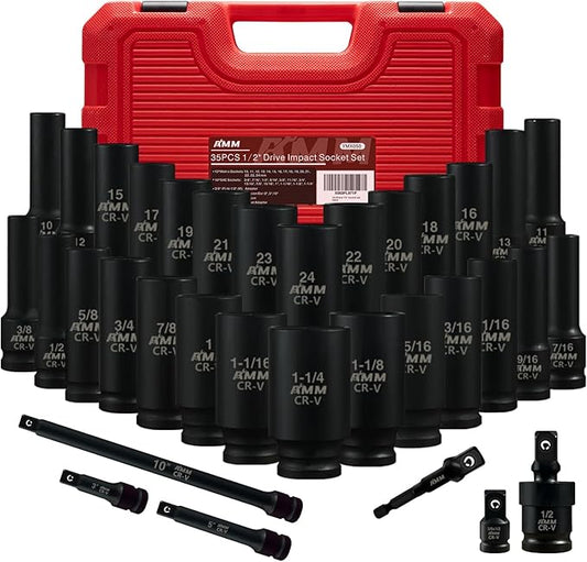 AMM 1/2" Drive Deep Impact Socket Set, 35-Piece Socket set SAE 3/8 to 1-1/4 inch and Metric 10-24mm Size, Includes Extension Bars, Universal Joint and Adapter, 6 Point Design,Cr-V steel