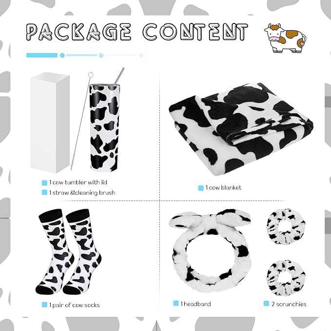 Uiifan 6 Pcs Mothers Day Gifts Cow Themed Gifts Sets for Women 20 oz Cow Stainless Steel Tumbler with Lids and Straws Cow Throw Blanket Socks Birthday Gifts for Woman Cow Lovers (Black Cow)