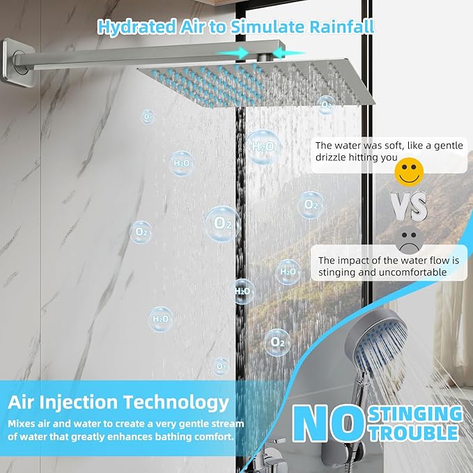 Bathroom Shower Faucet Set，12 Inch Rain Shower Head with Handheld Spray，Brass Shower Valve Trim Kit，Wall Mounted Square Rain Shower System (Brushed Nickel)