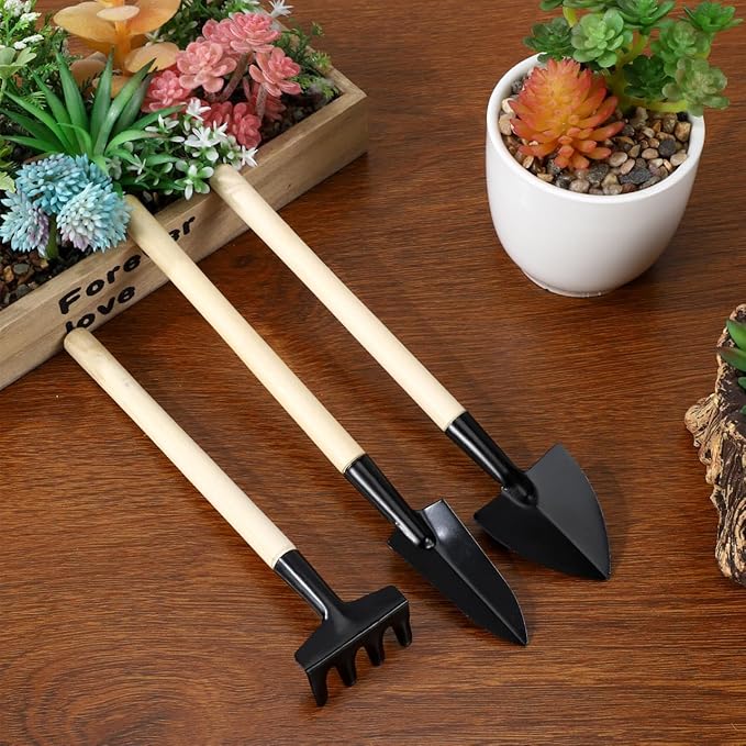 Garneck 8 Sets Mini Gardening Tools with Metal Rake Trowel and Shovel - Succulent Potting Planting Kit for Indoor - Small Gardening Tools for Cultivating Weeding Transplanting