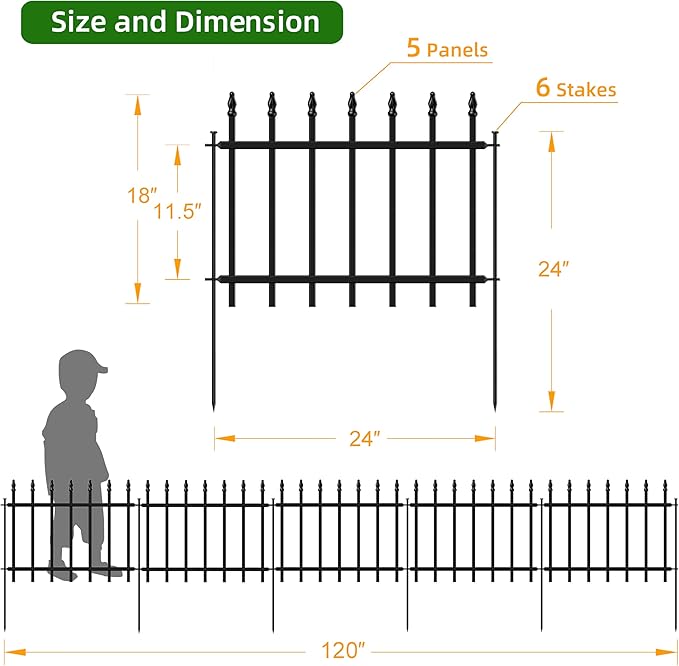Decorative Metal Garden Fence 18 in H x 10 ft L, Small Border Roman Column Deco, Barrier Fencing for Yard Flower Bed Lawn Landscape Outdoor, 5 Panels + 6 Stakes Black