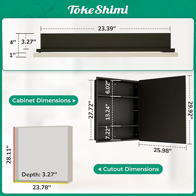 TokeShimi 26x30 Recessed or Surface Mounted Medicine Cabinet Mirror, Aluminum Framed Metal Mirror with Storage Adjustable, Brushed Nickel Bathroom Medicine Cabinet Mirrored Beveled Modern