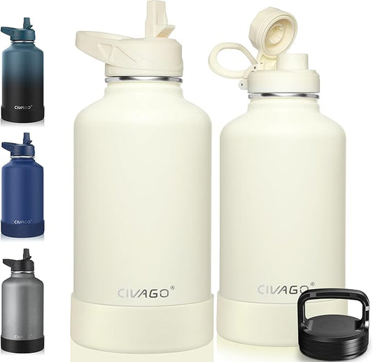 CIVAGO 64 oz Insulated Water Bottle With Straw, Half Gallon Stainless Steel Sports Water Flask Jug with 3 Lids (Straw, Spout and Handle Lid), Large Metal Thermal Cup Mug, Cream