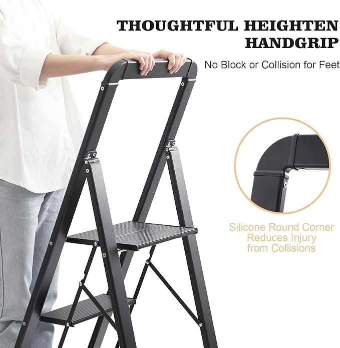 KINGRACK Aluminium 4 Step Ladder, Lightweight Step Stool with Non-Slip Pedals, Handrail, Foldable Step Ladder for Kitchen, Garage, Home, Space Saving, Sturdy and Portable, Black