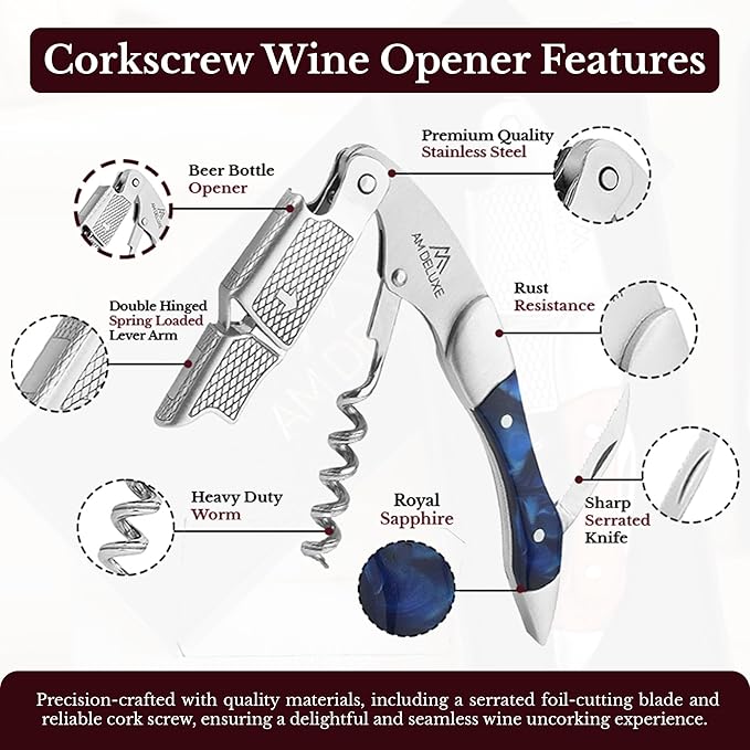 Premium AM DELUXE Waiters Corkscrew Wine Opener - Wine Key For Servers Bartenders, Heavy Duty Stainless Steel & Resin Inlay, Serrated Foil Cutter, Cork Screw Wine Bottle Opener. Magnetic Gift Box