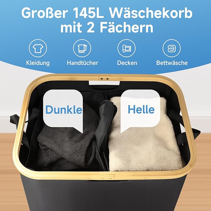145L Double Laundry Basket with Lid, 2 Section Dirty Clothes Hamper with 2 Removable Bags for Bedroom, Bathroom, Dorm, Black
