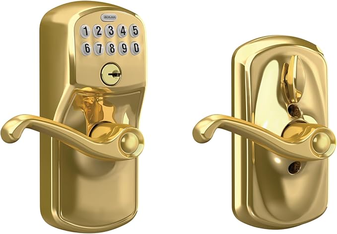 SCHLAGE FE595 PLY 505 FLA Plymouth Keypad Entry with Flex-Lock and Flair Style Levers, Bright Brass