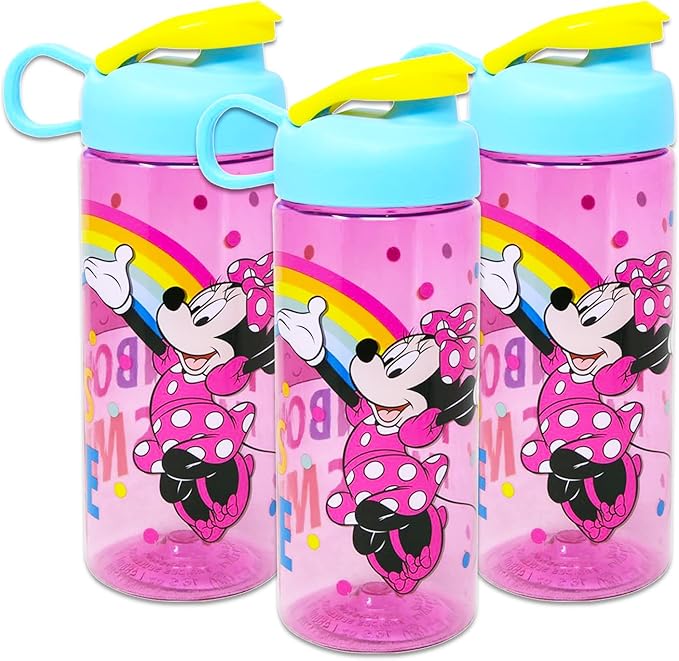Minnie Mouse Water Bottle Set for Kids – Bundle with 3 Minnie Mouse Drinking Bottles, Mickey Pencil Toppers, Stickers, and More | Minnie Drinking Cups