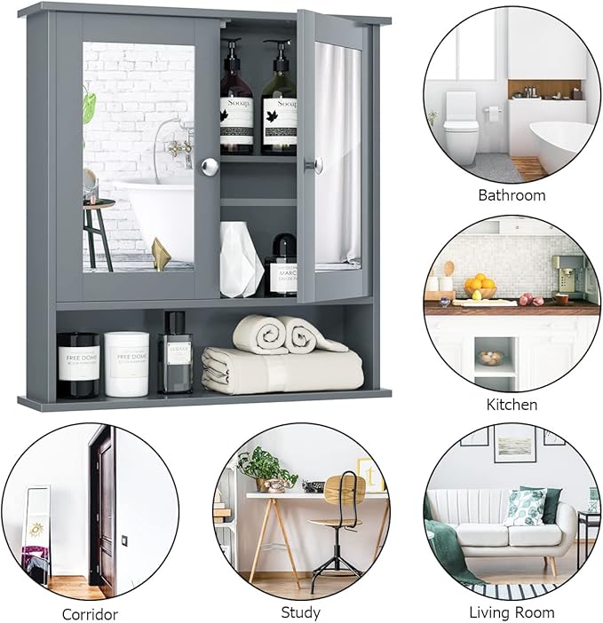 Tangkula Bathroom Medicine Cabinet with Mirror, Wall Mounted Wooden Hanging Organizer with Doors and Shelves, Bathroom Wall Mirror Cabinet (Mirror Doors, Gray)