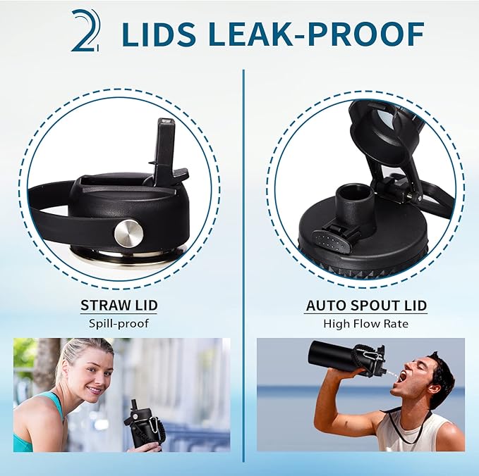 Water Bottle with Straw - 40 oz Stainless Steel Water Bottles, Big Water Jug Vacuum Insulated Waterbottle with Paracord Handle, Straw / Auto Spout Lid, Strap Sleeve, Metal Reusable Water Bottle Black