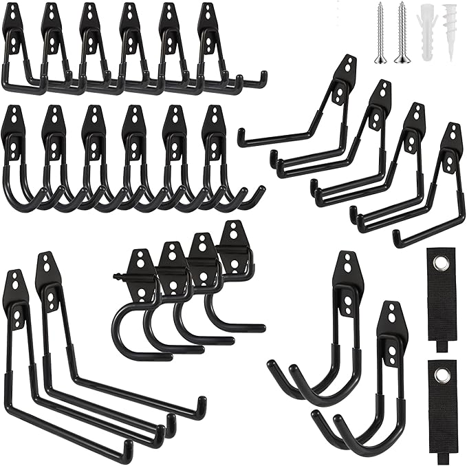 Garage Hook Heavy Duty Wall Storage Hangers, 26 Pack Garage Storage Hooks Steel Tool Black for Ladders, Ropes, Garden Tools