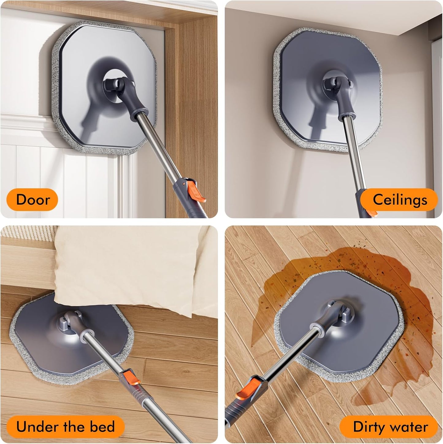 Spin Mop and Bucket Set with Separate Dirty and Clean Water,360° Self Cleaning Mop and Bucket System with Widened Foldable Handle,2 Replaceable Mop Pads,Square Mops for Floor Tile Marble Wall Cleaning