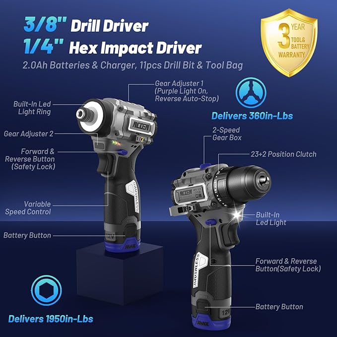 12V Cordless Drill and Impact Driver Power Tool Kits Combinados with 2 Batteries and Fast Charger (3/8"Drill & 1/4"Hex Impact Driver) for Home Installation,DIY tools