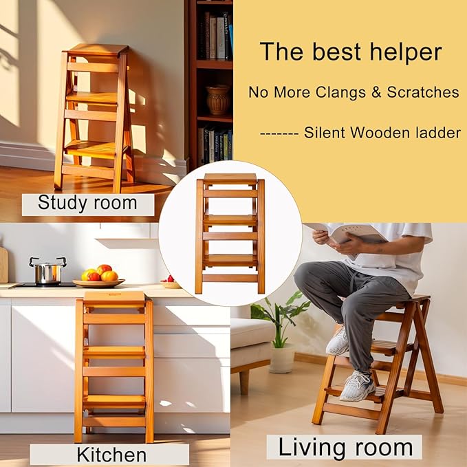 Latifolia Foldable 3 Step Ladder, Wooden Step Stool with Floor Saver, Decorative Ladder Shelf for Living Room, Kitchen, Garden(Walnut)