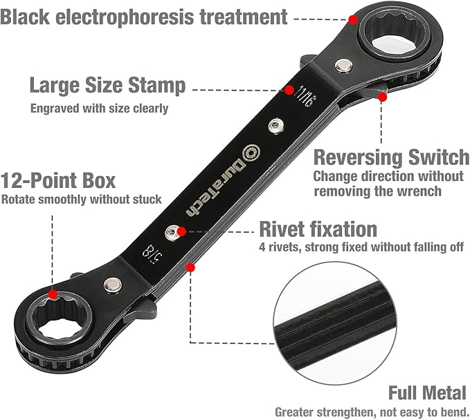 DURATECH 10-Piece Reversible Ratcheting Wrench Set, Offset Double Box End Wrench Set, SAE & Metric, with Rolling Pouch