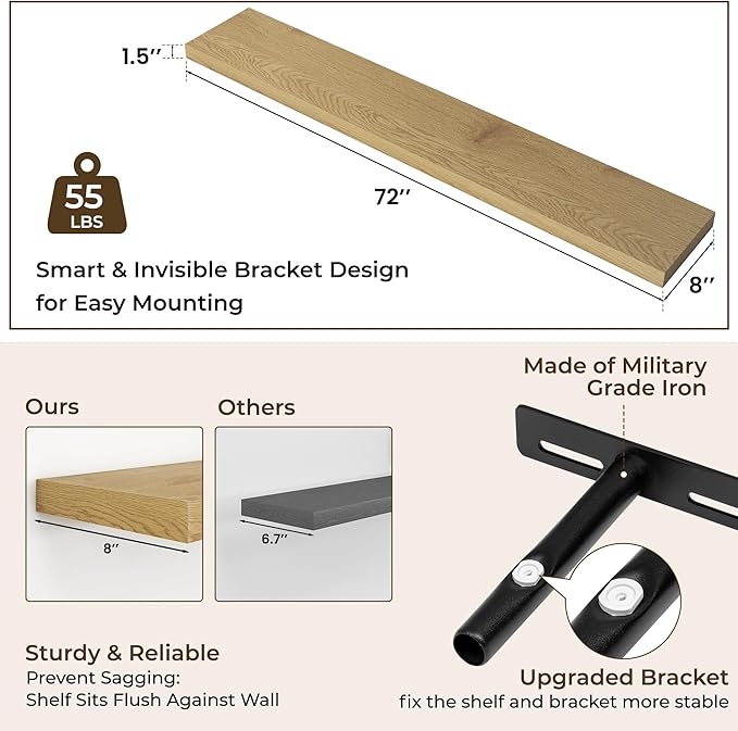 RICHFOCUS 72Inch Floating Shelves for Wall 1 Pack Shelves for Bedroom|Kitchen|Bathroom Wall Mounted Rustic Wood Floating Shelf with Invisible Brackets for Books|Storage|Decor, Oak