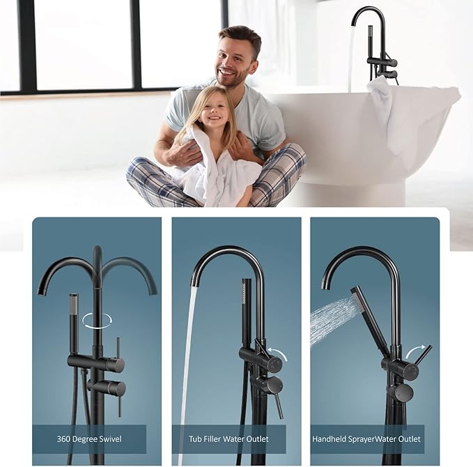 Aolemi Floor Mount Bathtub Faucet Freestanding Tub Filler Standing High Flow Shower Faucets Shower Mixer Taps, Swivel Gooseneck Spout with Cylinder Handheld Oil Rubbed Bronze