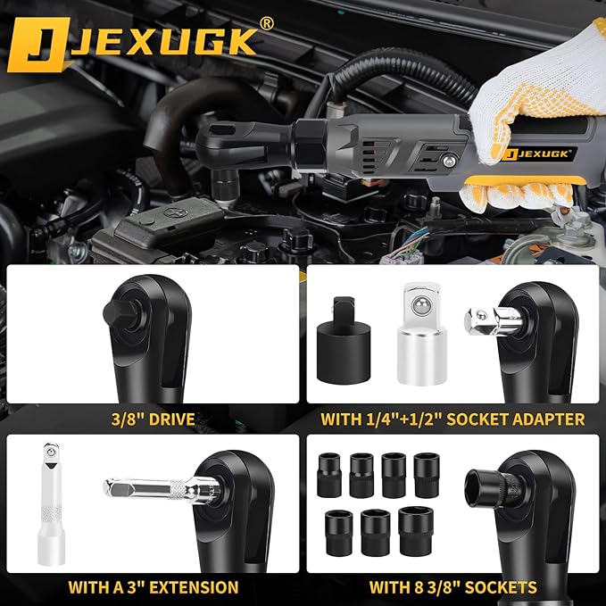 120Nm Cordless Ratchet Wrench, 3/8" 89 FT-LBS Brushless Ratchet Set with 2 x 2.0A Battery, 21V Electric Matraca Electrica with Variable Speed 7Sockets,1/4" Adapter,1/2" Adapter,3" Extension Bar