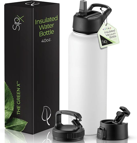 SipX™ Triple-Insulated Stainless Steel Water Bottle 40oz. With 3 Lids, BPA-Free Reusable Insulated Water Bottle Keeps Cold 24 Hours, Metal Water Bottle Made Of Sustainable Material For Hiking & Biking