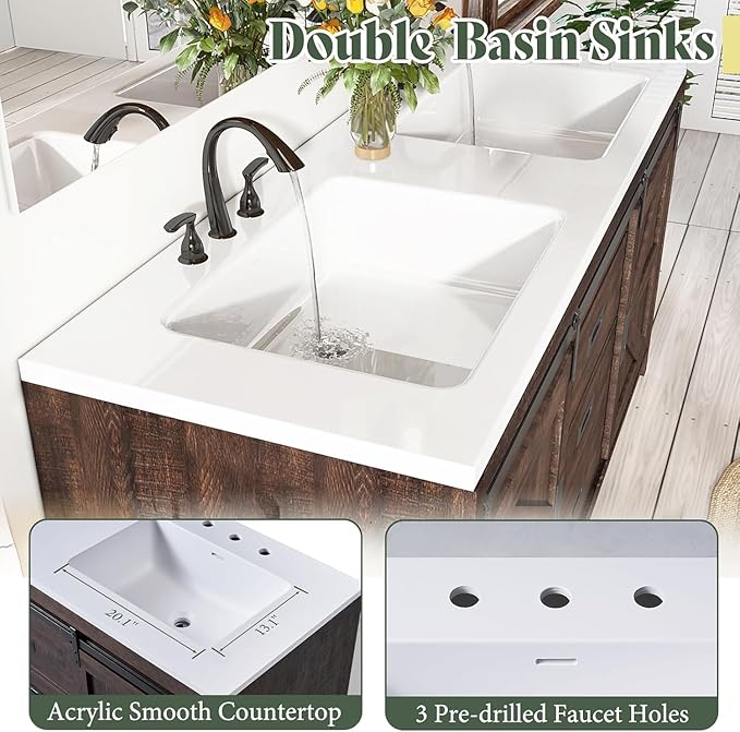 60" Farmhouse Bathroom Double Vanity Sliding Barn Door with Sink Combo, Freestanding, Bathroom Vanity Cabinet with Drawers & Metal Handles, Reclaimed Barnwood