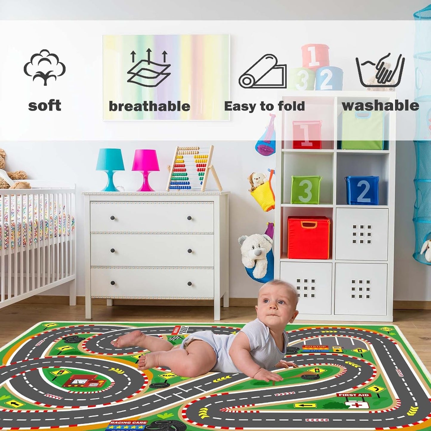 Kids Rug Play Mat Playroom Rugs Car Rugs for Kids Toy Cars Race Track for Classroom Rug(Race-Green, 6.6x9.9ft)