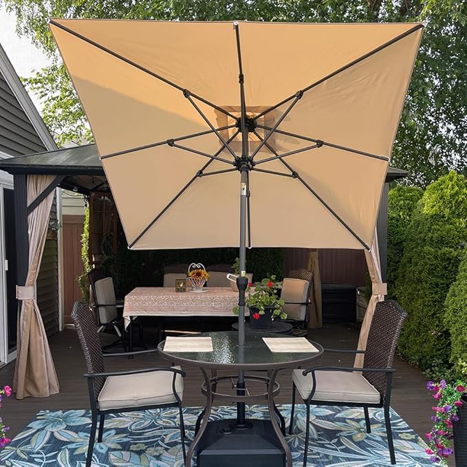 PURPLE LEAF 6.5' x 6.5' Square Patio Umbrella Outdoor Table Umbrella Aluminum Frame Market Umbrella Sun Umbrella with 8 Sturdy Ribs & Tilt for Garden Deck Lawn & Pool Beige