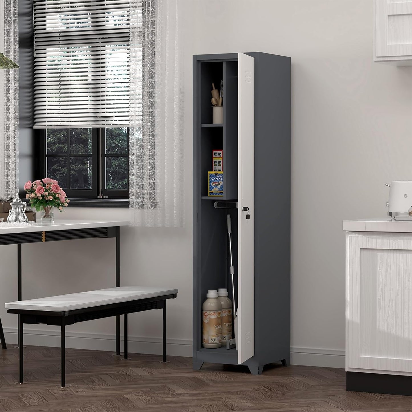 Storage Cabinet,Slim Broom Closet Storage Cabinets with Lockable Doors,Narrow Utility Cabinets with Hanging Rod,Tall Broom Closet for Laundry,Home Office,Grey-White
