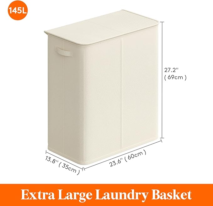 Lifewit Double Laundry Hamper with Lid and Removable Laundry Bags, Large Collapsible 3 Dividers Dirty Clothes Basket with Handles for Bedroom, Laundry Room, Closet, Bathroom, College, 145L White