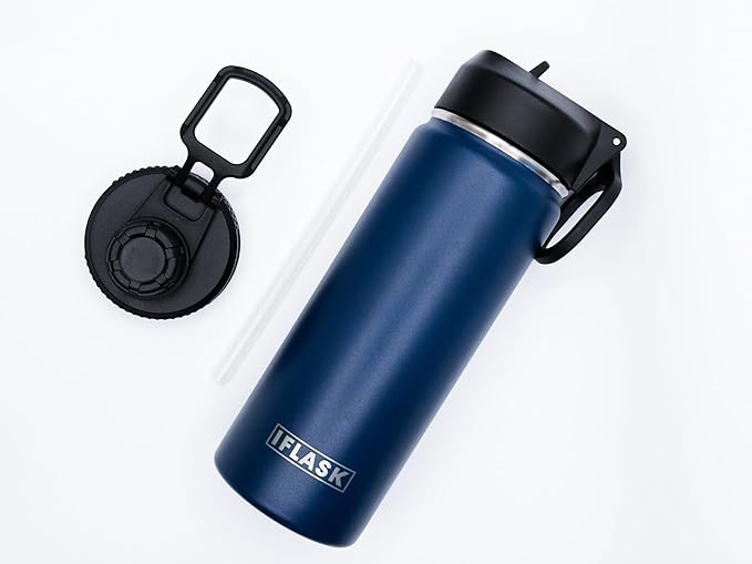 Sport Travel Outdoor Water Bottle with Spout and Straw Lids | Leak Proof | Insulated Stainless Steel Double Walled | BPA and Sweat free | Hot & Cold | For Kids Men & Women (Navy, 18 oz)
