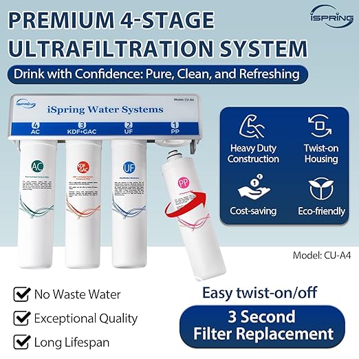 iSpring CU-A4 0.01μm Ultra-Filtration Under Sink Water Filter System, Tankless 4-Stage High Capacity, Remove 99.99% Contaminants, Quick Filter Change with Brushed Nickel Faucet, White