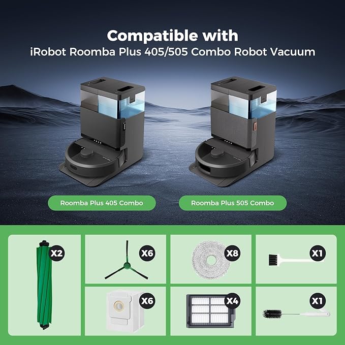Yivy 28PCS Accessories Kit for iRobot Roomba Plus 405/505 Combo Robot Vacuum Cleaner, Parts Contents 2 Roller Brushes, 6 Side Brushes, 6 Dust Bags, 4 HEPA Filters, 8 Mop Pads, 1 Cleaning Brush