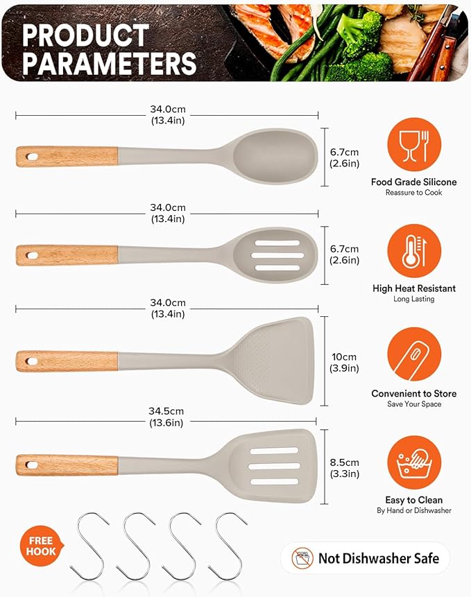 Silicone Cooking Utensils Set, Perfectly Angled for Frying, Mixing,Serving,Draining,Turning and Stirring, BPA-Free Matte Silicone, Wood Handles, Safe for Nonstick Cooking Surfaces,4 Pack (Khaki)