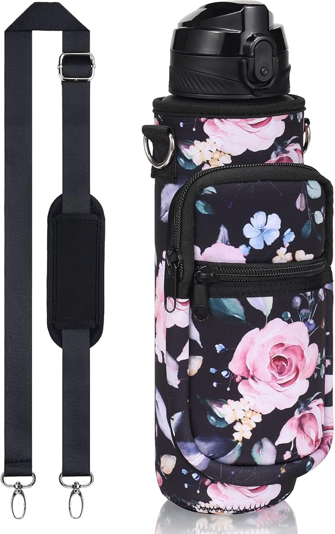 Fimibuke 32 oz Water Bottle with Sleeve - BPA Free Leakproof Sport Large 1L Plastic Motivational Water Bottle with Straw Strap & Insulated Neoprene Holder Carrier Bag Great Xmas Gift for Women Men