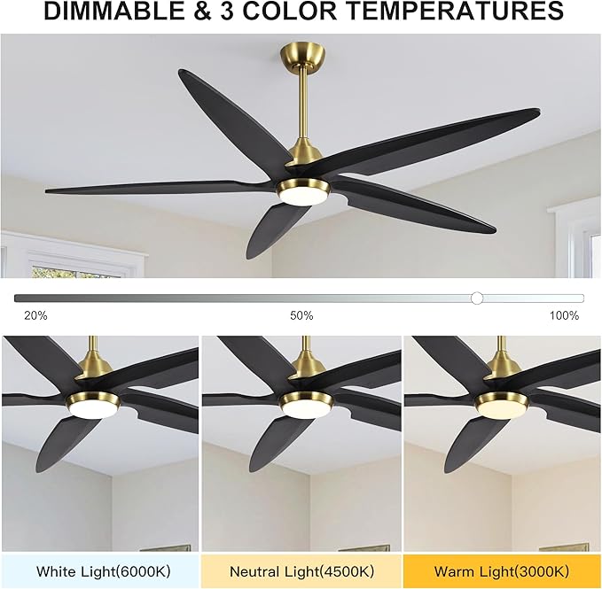 64 Inch Modern Ceiling Fan with Lights and Remote, 5 Wood Blades, 6-Speed Noiseless Reversible DC Motor with Replaceable Downrods for Bedroom Living Room Dining Room, Gold and Black