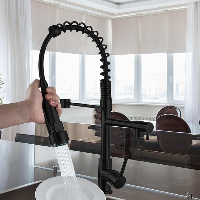 Commercial Kitchen Faucet with Pull Out Sprayer,Black Kitchen Sink Faucet with Pot Filler,Dual Spout Spring Stainless Steel Kitchen Faucets Pull-Out Kitchen Faucet for RV, Farmhouse, Camper