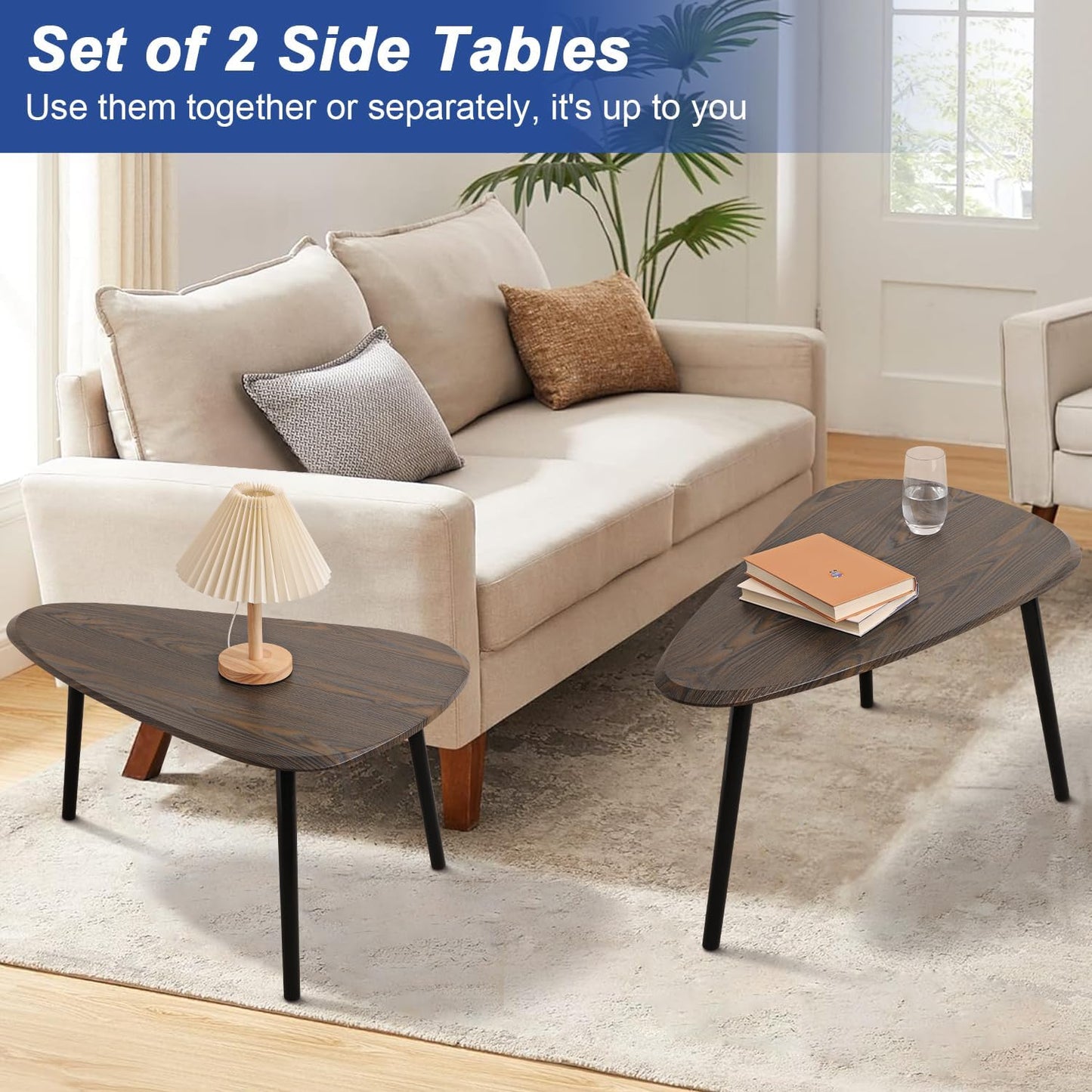 Nesting Coffee Table Set of 2 Side Set Wooden Tables Living Room Bedroom Apartment Modern Industrial Simple Nightstand,Walnut 32" D x 20" W x 18.5" H