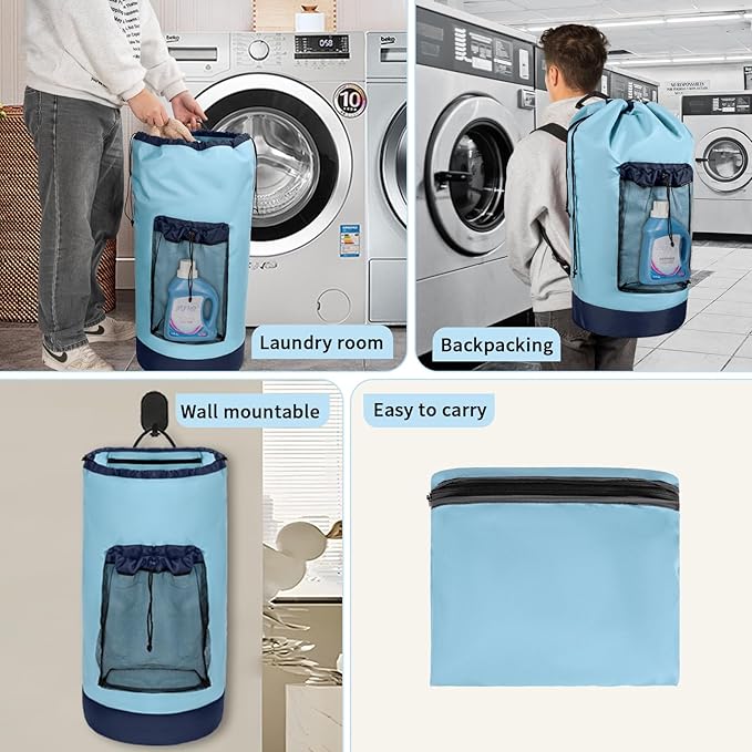 Laundry Bag Backpack with Shoulder Straps and Mesh Pocket Foldable Laundry Hamper for College, Apartment, Laundromat (Light Blue)