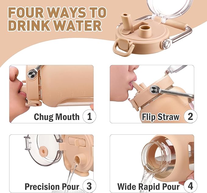 84oz Glass Water Bottle with Stainless Steel Handle,2.4L Gallon Water Bottle With 2-IN-1 Straw Lid, Silicone Sleeve and Motivational Capacity Marker, Wide Mouth Water Jug For Gym, Workout, Amber