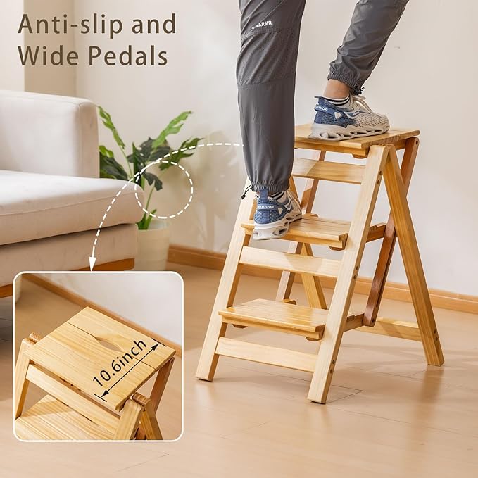 Wooden Step Stool, Foldable 3 Step Ladder, Solid Wood Ladder Stool for for Home, Kitchen & Garden Nature