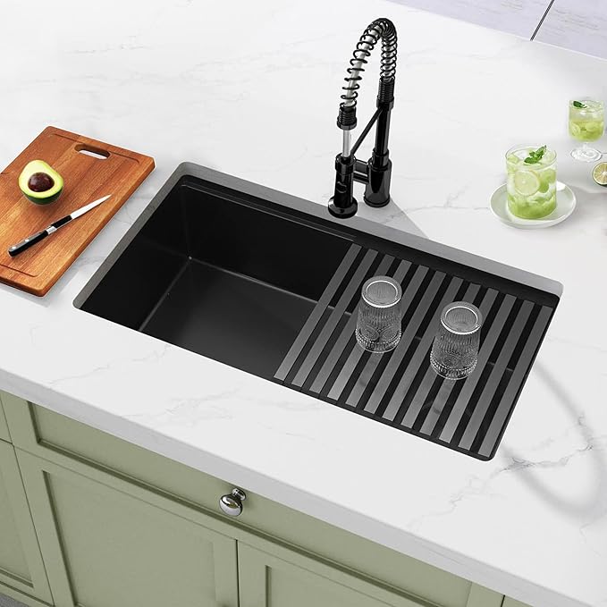 Black Undermount Kitchen Sink,16 Gauge Stainless Steel Sinks,Single Bowl Workstation Sink,Modern Kitchen Sink Offset Drain (33" X 18")